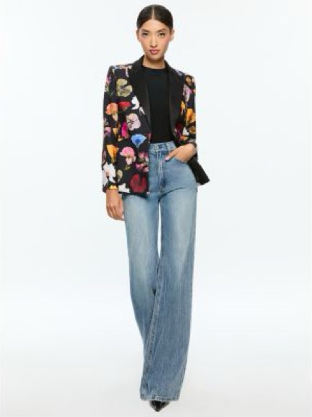 Alice and Olivia Huntley Floral Black Blazer with Multi-Color Print size 2